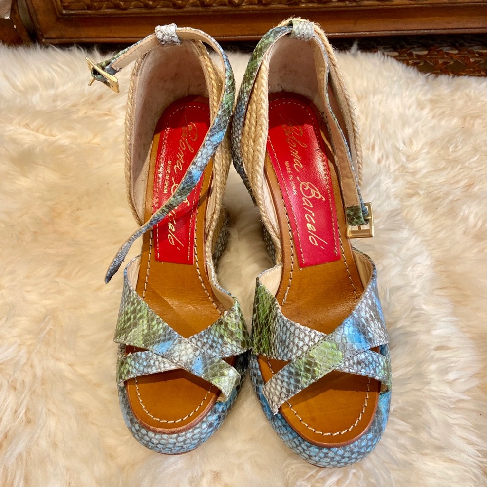 PALOMA BARCELO green Aqua snake skin wedges